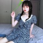 Puff-sleeve Floral Print V-neck A-line Mini Dress