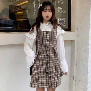 Frill Trim Blouse / Plaid Jumper Dress