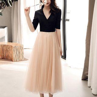 Long Sleeve Two Tone Mesh Panel Cocktail Dress