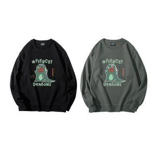 Long Sleeve Round Neck Fleece Dinosaur Print Sweatshirt
