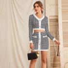 Set: Button Accent Houndstooth Cropped Top + Pencil Skirt