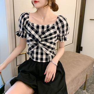 Short-sleeve Gingham Twisted Blouse