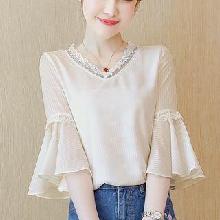 V-neck Chiffon Bell-sleeve Shirt