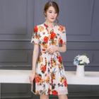 Short-sleeve Floral Print Pleated Dress