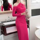 Halter Long-sleeve Slit Midi Cocktail Dress