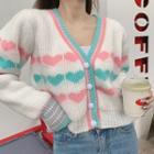 V-neck Heart Print Cardigan White - One Size