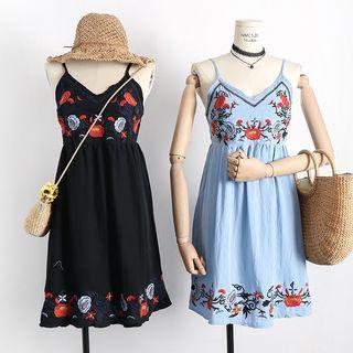 Embroidered Strappy A-line Dress