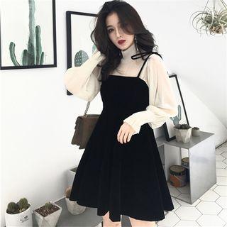 Set: Mesh Long-sleeve Top + Spaghetti Strap A-line Dress