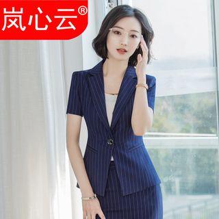 Pinstriped Short-sleeve Blazer / Set: Pinstriped Short-sleeve Blazer + Skirt
