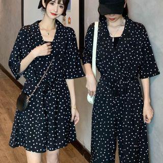 Elbow-sleeve Dotted Romper / Cropped Jumpsuit