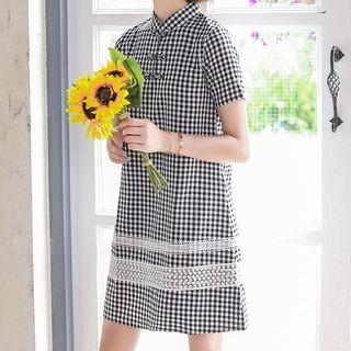 Gingham Short-sleeve Mini A-line Qipao