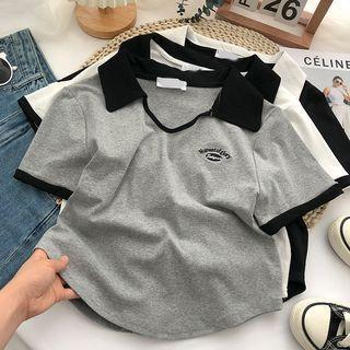 Color Panel Lapel Embroidered Lettering Shirt