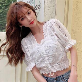 Short-sleeve Drawstring Lace Blouse White - One Size