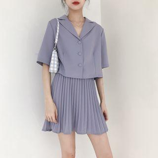 Set : Purple Blazer + Pleated Skirt As Shown In Figure - One Size