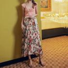 Asymmetric Floral Chiffon Midi Pleated Skirt