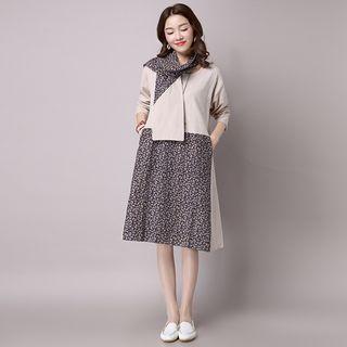Long-sleeve Floral Panel A-line Dress