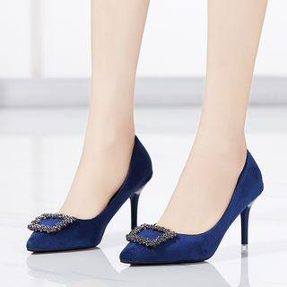 Buckled High-heel Pointed Faux Leather Pumps