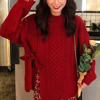 Mock-neck Side Tie Cable Knit Sweater