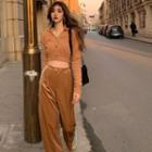 Collared Button-up Furry-knit Crop Top / Velvet Wide-leg Pants