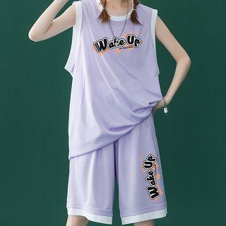 Set: Lettering Print Oversized Tank Top + Wide Leg Shorts