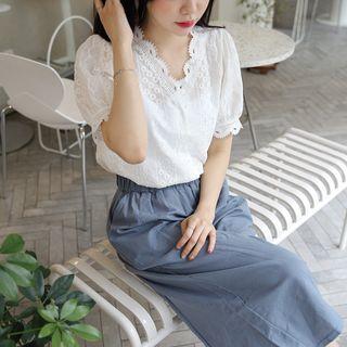 Puff-sleeve V-neck Lace Top Ivory - One Size