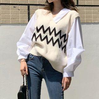 Chevron Knit Panel Mock Two-piece Shirt