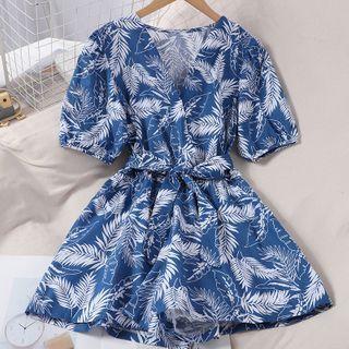 Leaf Print Puff-sleeve Playsuit