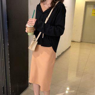 Plain Hoodie / Spaghetti Strap Midi Dress / Mock Turtleneck Striped Long-sleeve Top