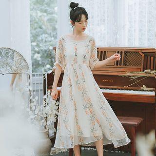 Floral Lace Panel Elbow-sleeve Dress
