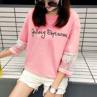 Lace Panel 3/4-sleeve Lettering T-shirt