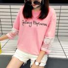 Lace Panel 3/4-sleeve Lettering T-shirt