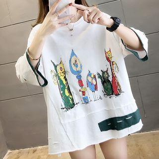Cat Print Distressed 3/4-sleeve T-shirt