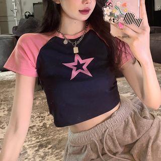 Raglan-sleeve Star Print Cropped T-shirt