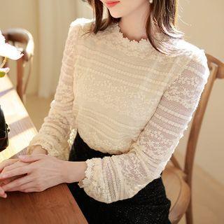 Puff-sleeve Scallop-edge Lace Top