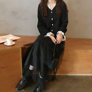Lace Trim Blouse / Mesh Midi A-line Skirt