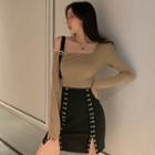 Cold-shoulder Long-sleeve Top / Mini Sheath Skirt / Set