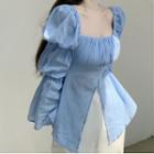 Long-sleeve Ruched Slit Blouse / Drawstring Pants Blue - One Size