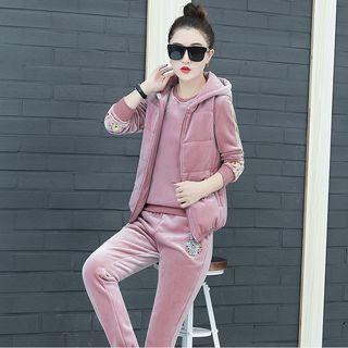 Set: Embroidered Velvet Sweatshirt + Zip Hooded Padded Vest + Sweatpants