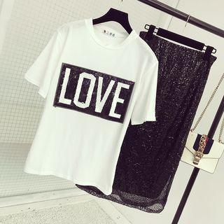 Set: Letter Short-sleeve T-shirt + Glitter Midi Skirt