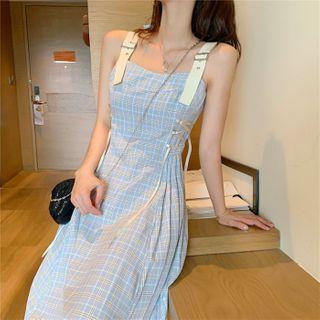 Contrast Strap Sleeveless Plaid Midi A-line Dress