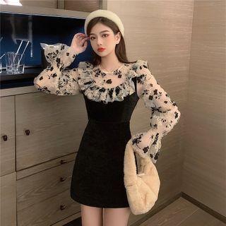 Puff-sleeve Floral Print Ruffled A-line Dress