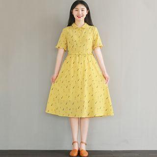Patterned Short-sleeve Midi A-line Shirtdress