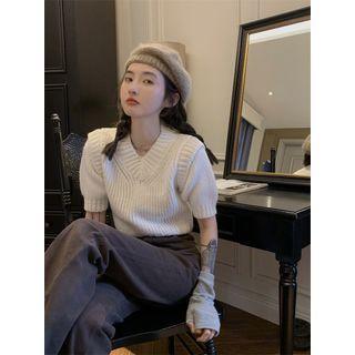 V-neck Plain Ribbed Knit Oversize Top Milky White - One Size