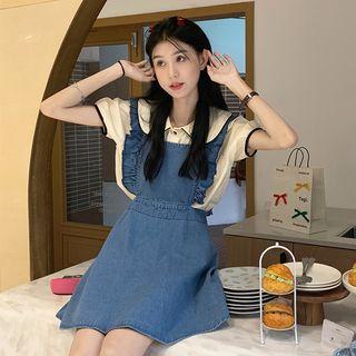 Two Tone Blouse / Washed Denim Ruffle A-line Dress