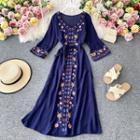 V-neck Embroidered Long-flared Sleeve Maxi Dress