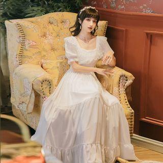 Short-sleeve Plain Lace Trim Maxi Dress
