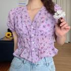 Puff-sleeve Floral Trim Buttoned Crop Top