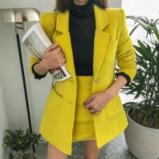 Metal-button Wool Blend Fluffy Blazer