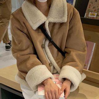 Faux Suede Fleece-lined Button-up Coat Coffee - One Size