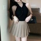 Halter-neck Asymmetrical Crop Top / Pleated A-line Skirt